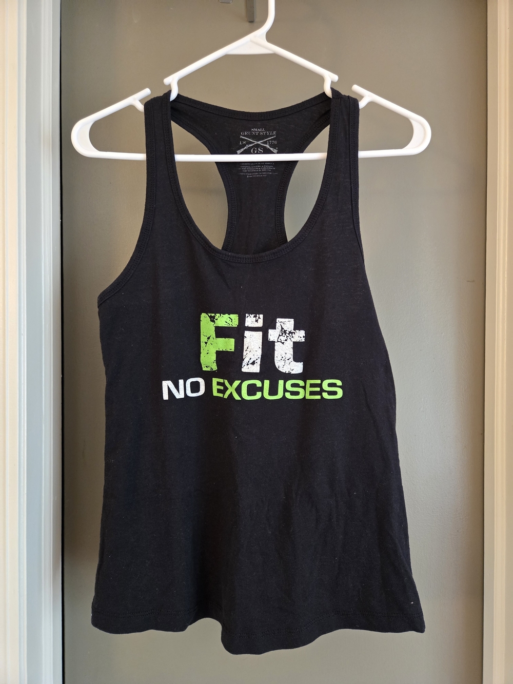 Grunt Style Black Racerback Tank with Green and White "Fit No Excuses" Graphic